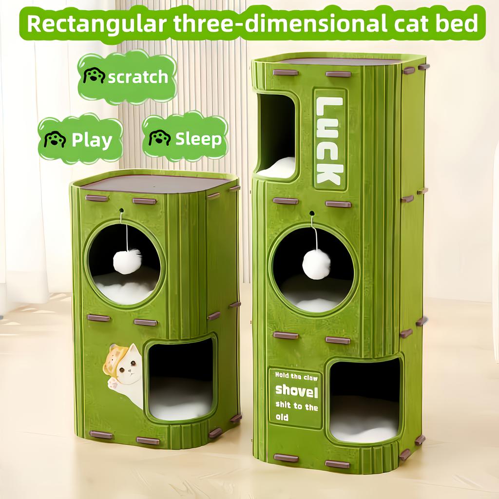 Space-saving Detachable Cat Bed with Scratching Posts and Hanging Toys, Easy-to-clean Indoor Cat Pet Furniture, Interactive Play and Rest Area.