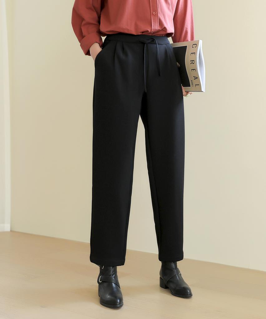 Jikeulib Warm Bonded Fleece Lined String Banding Pintuck Black Spandex Slacks