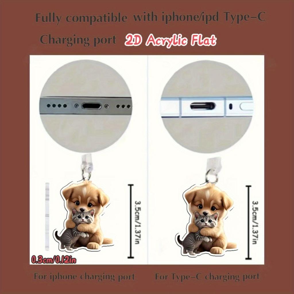 2D Flach 1 Stück Katze & Hund Harmonie Acryl Handy Staubschutzstecker, Kompatibel mit iPhone/Typ-C Anschluss für Mobile Pflege und Wartung