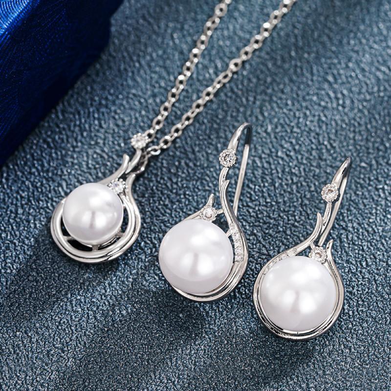 Huitan Aesthetic Imitation Pearl Pendant Necklace Earrings for Women Wedding Bridal Engagement Elegant Fresh Jewelry Set GiftGood Product