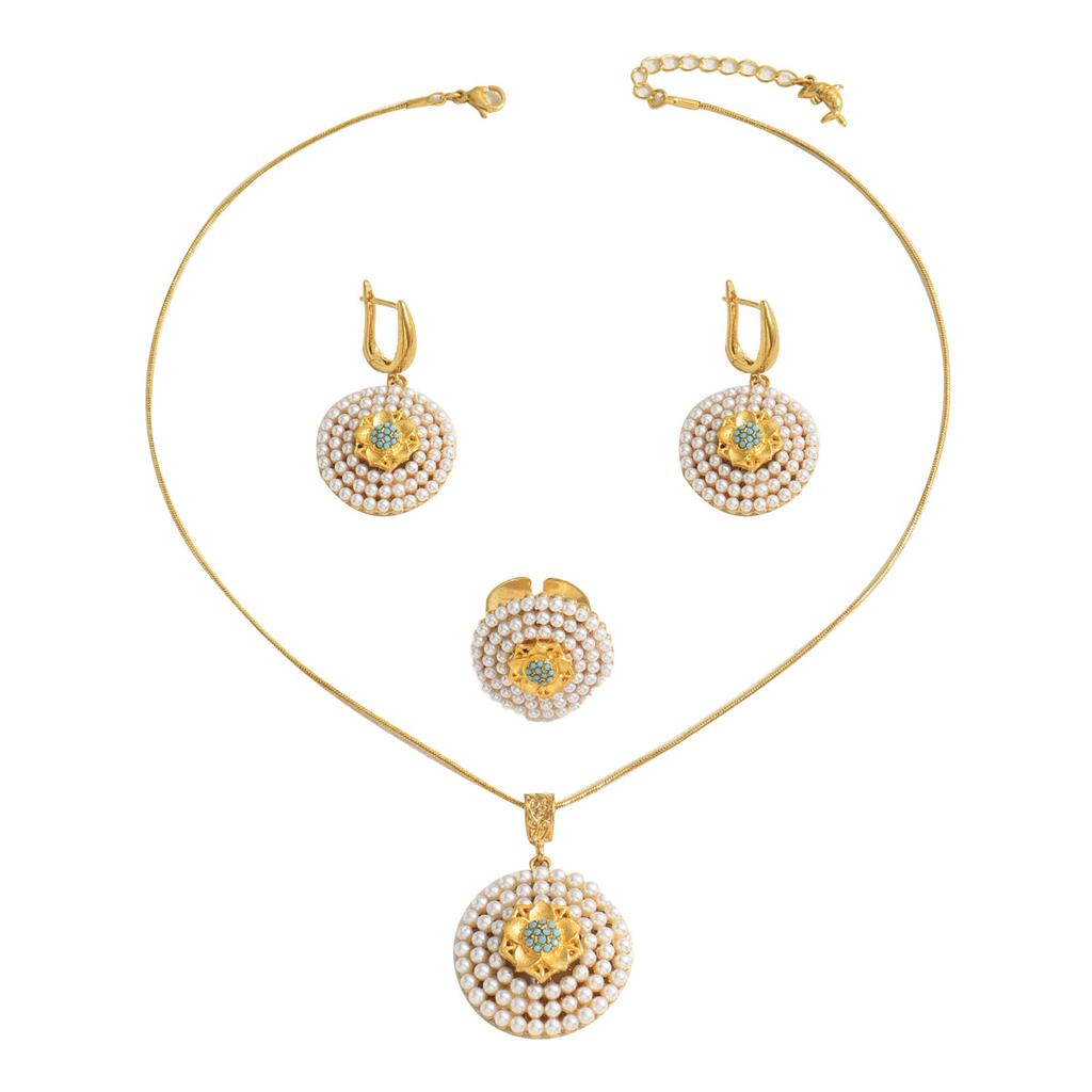 Simple geometric style jewelry set versatile inlaid pearl necklace ring design versatile earrings women