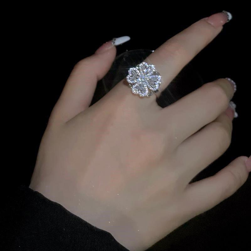 S925 Sterling Silver Adjustable Four-Leaf Clover Diamond Ring