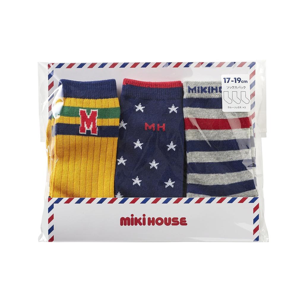 MIKI HOUSE Sock Crew Length Socks för Pojkar och Storlekar Produktnummer Förpackning, 3-Par Flickor, Baby, Barn, Skola, 17-19cm, Blå, 14-9657-493