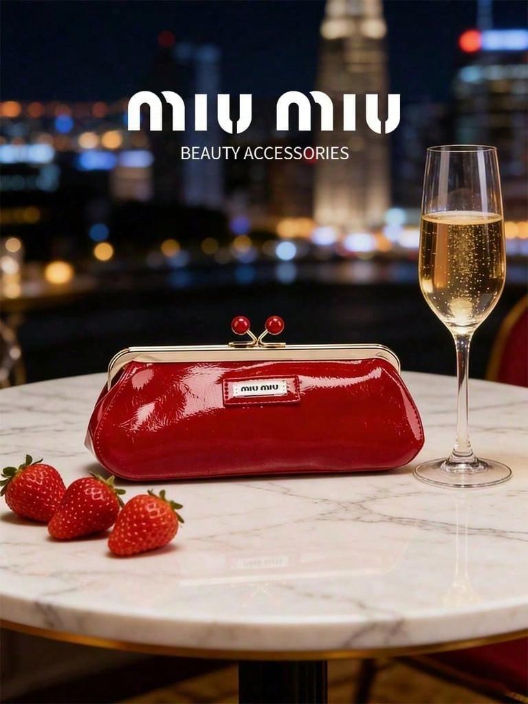 MIUMIU Glossy Red Patent Leather Makeup Bag Cherry Metal Clasp Portable Cosmetic Clutch Pouch for Women Travel
