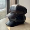 New Octagonal Hat for Women Fashionable and Warm in Autumn and Winter Korean Style Versatile Retro Black Leather Newsboy Hat Trend
