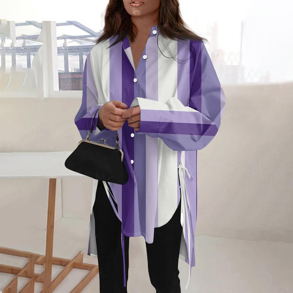 Camicia da donna di tipo sciolto a maniche lunghe con risvolto a maniche lunghe tinta unita alla moda