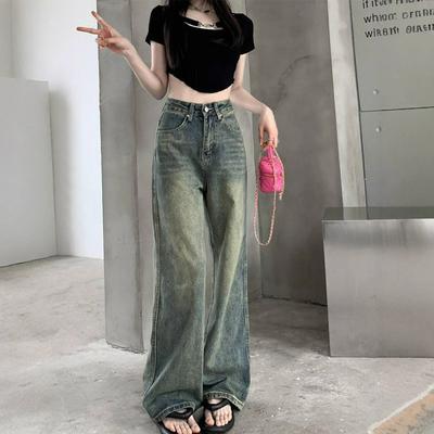 Gewaschene Vintage Weitbeinjeans Damen High-Waist Machen die Alten Locker Gerade Drapierend Skinny Schlepphose Retro Baggy Lange Jeans für Damen