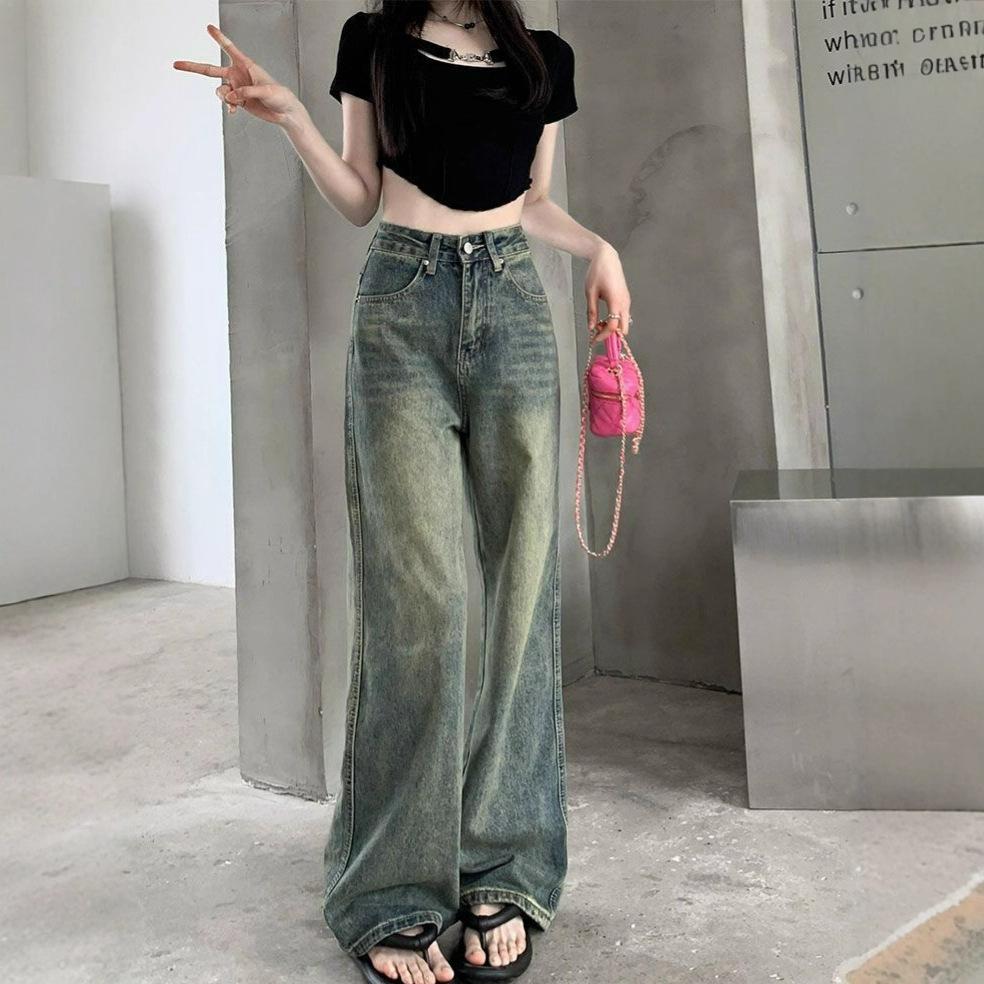 

Винтажные широкие джинсы с эффектом стирки, женские джинсы с высокой посадкой в стиле ретро, мешковатые, длинные, драпирующиеся, облегающие, волочащиеся по полу 4XL