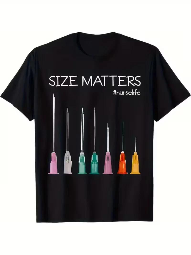 Size Matters #NurseLife Graphic T-Shirt - 100% Cotton Black Tee with Colorful Sy L