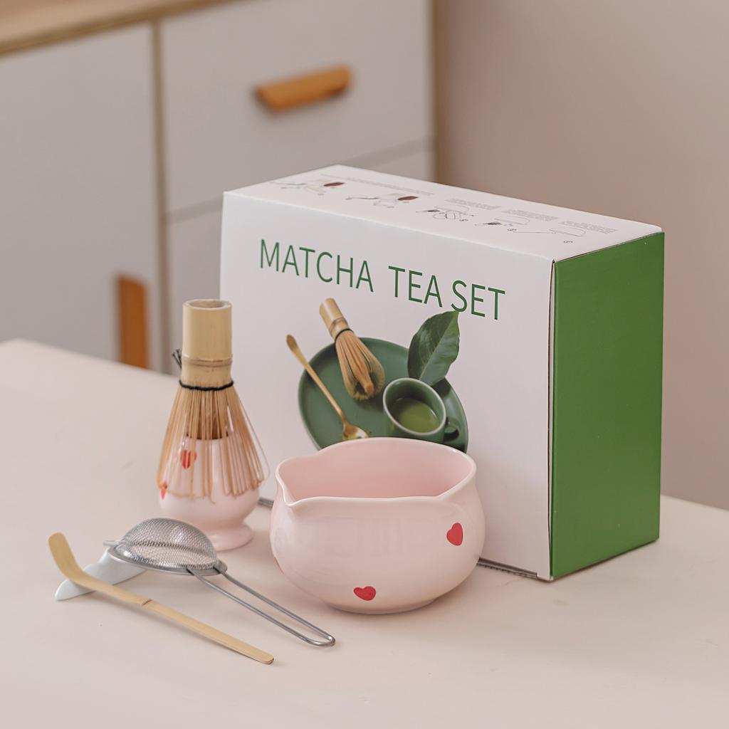 5/7pcs Pink Heart Decal Ceramic Matcha Set, Cute Matcha Set Includes Matcha- Bowl, Matcha Whisk and Holder, Bamboo Scoop, Sifter