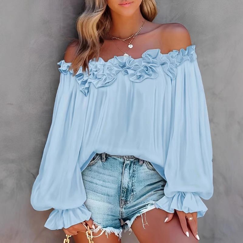 Elegant Fashion Casual Off-the-shoulder Women Blouse Long Sleeved Loose Simple Ruffled Shirt Office Ladies Tops Solid Color Tops
