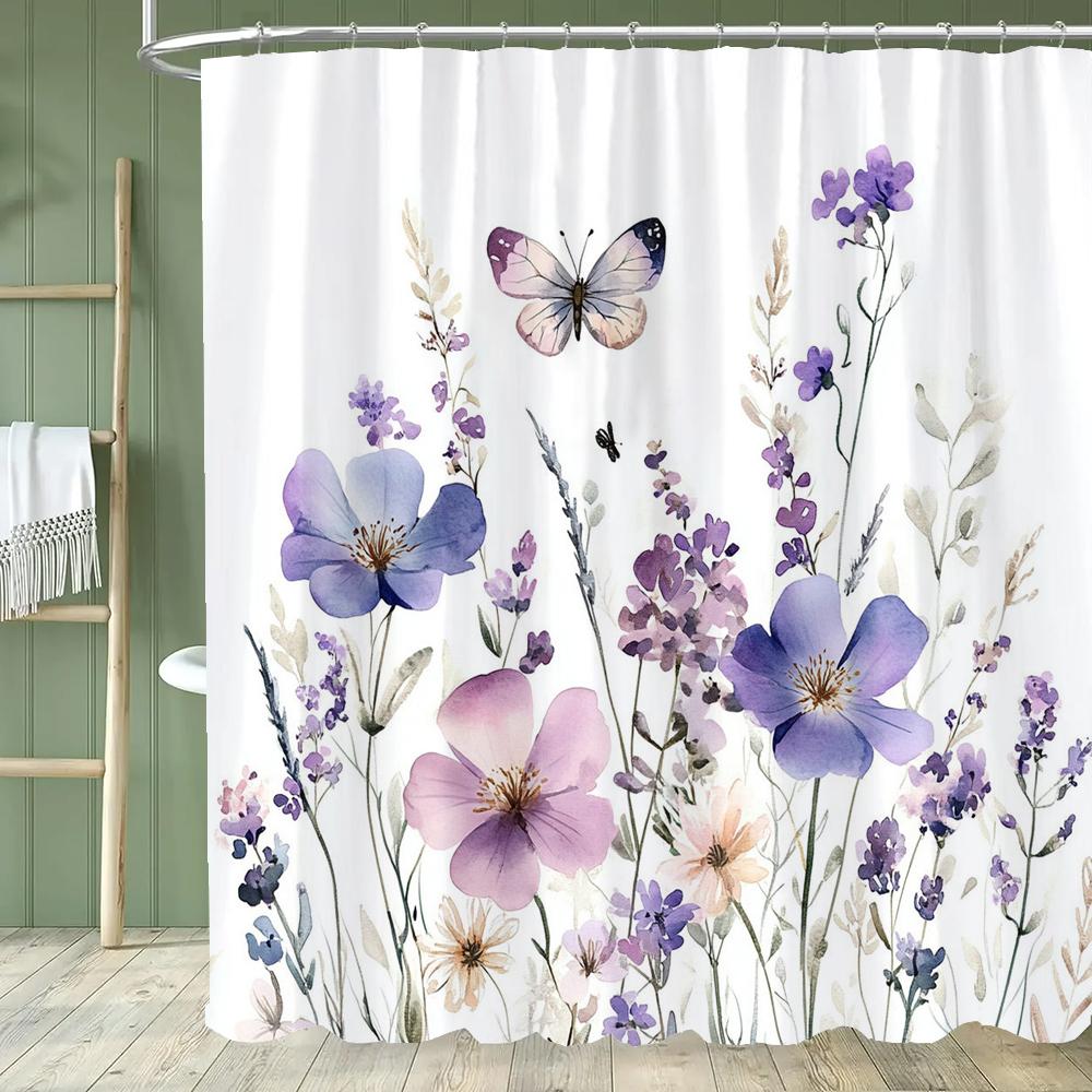 1PC Blue Flowers and Butterflies Shower Curtain,  Floral and Leaf Bathroom Decorative Curtain,Polyester Home Curtain with Hooks