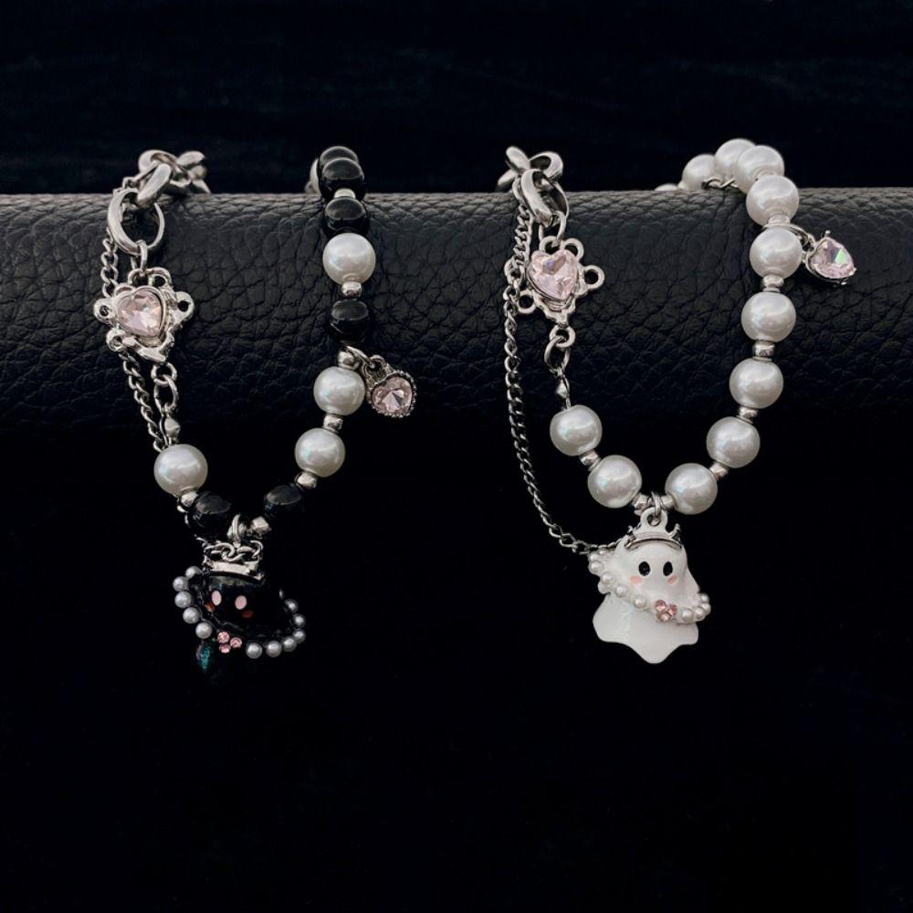 2PCS Pearl Beaded Halloween Couple Bracelets Funny Ghost Pendant Bracelet  Friends