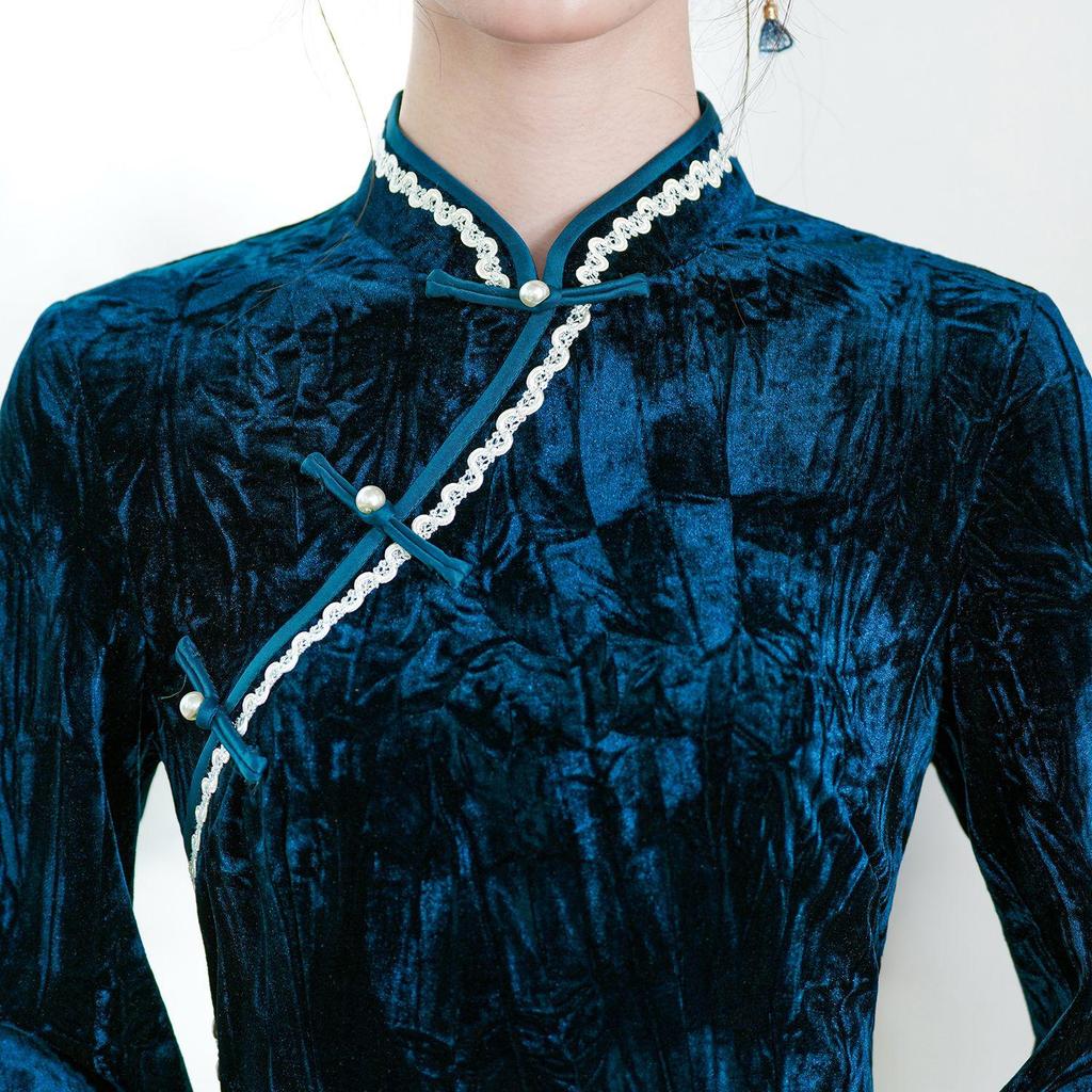 Elastyczna Aksamitna Długa Sukienka Cheongsam: Jesień/Zima 2025, Styl Retro Chiński, Szerokie Rękawy Dolman