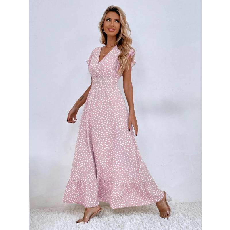 Printemps Été Col en V Taille Haute Robe Décontractée Imprimée Manches Courtes Volantées Élégante Femme Taille Haute A-ligne Fête Robe Longue Vêtements Amples pour Femmes