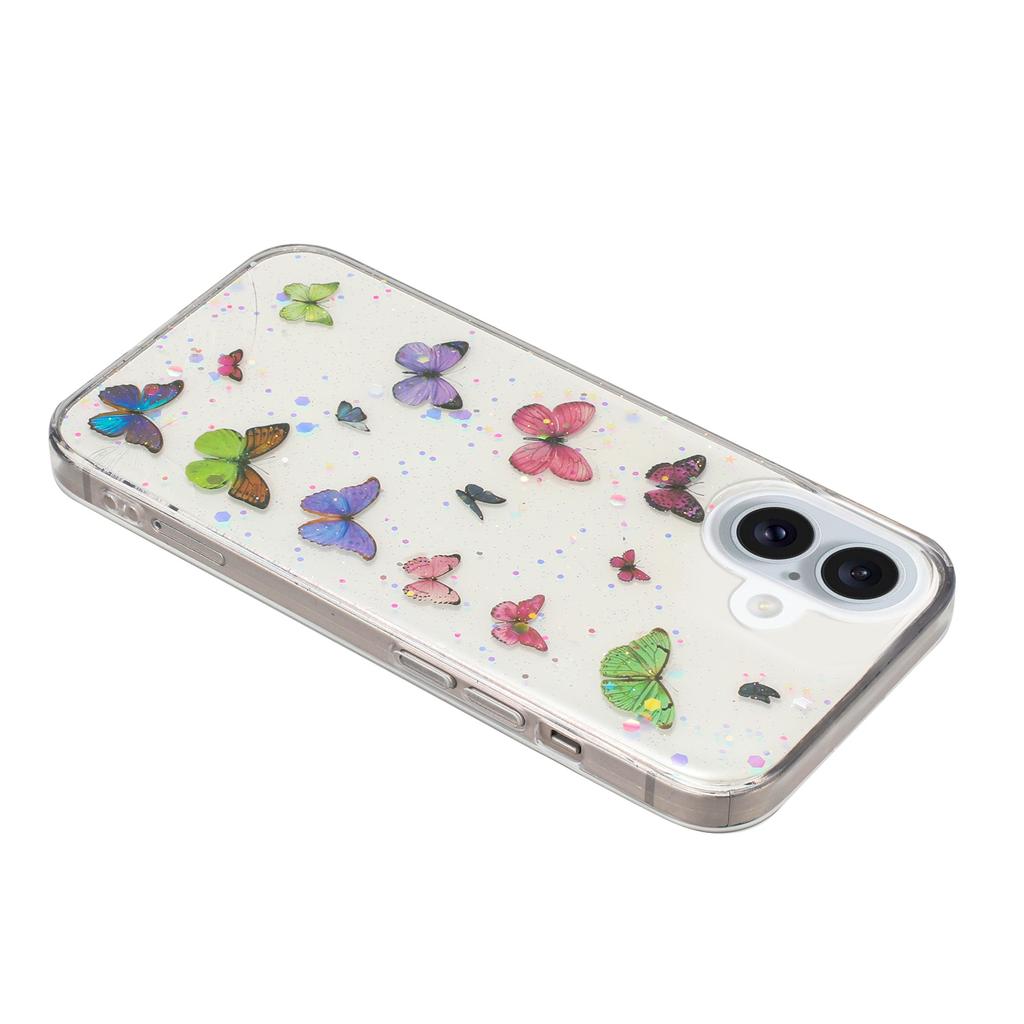 For iPhone 16 Plus Case Anti Drop TPU Phone Back Cover Epoxy Glitter Butterfly