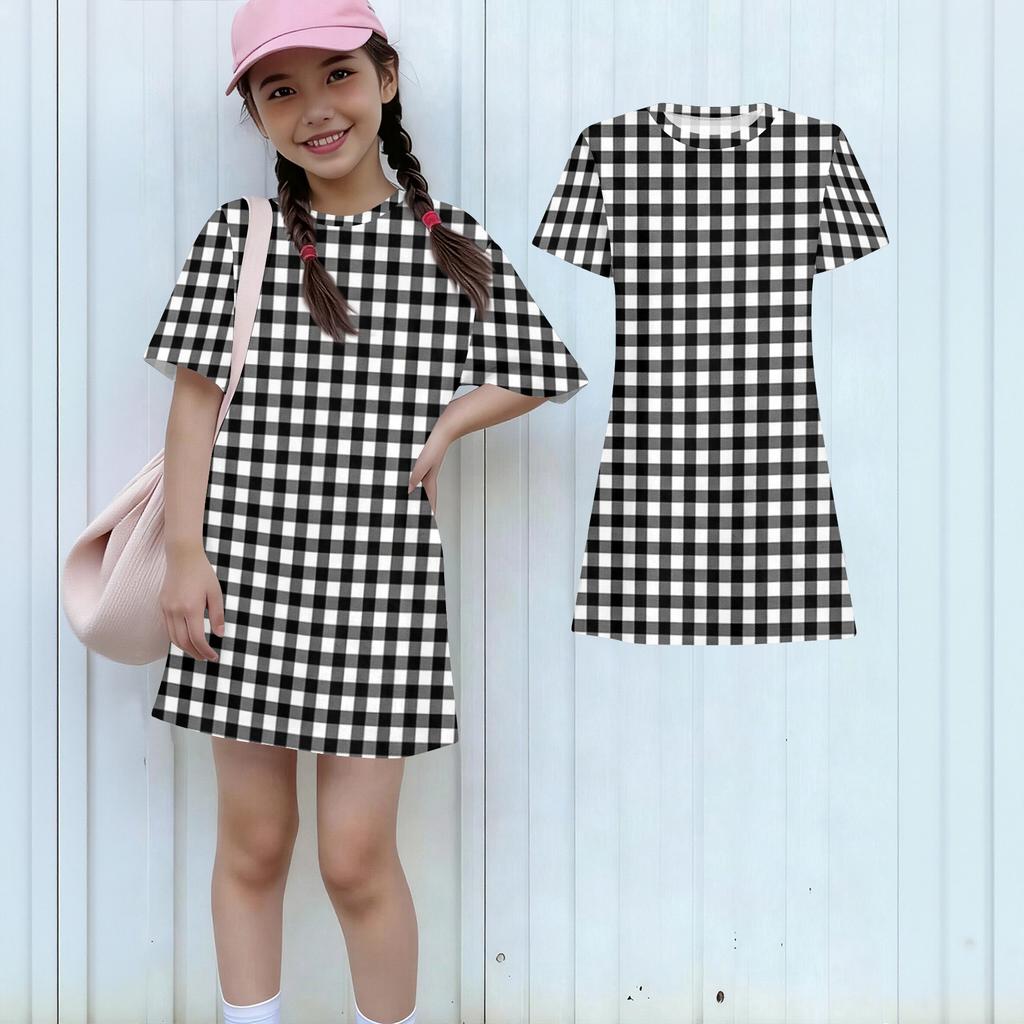 Girls Plaid Pattern Dress Loose Fit Short Sleeve Round Neck Lightweight Casual Dress for Children Suitable for Daily Wear and Outdoor Activities