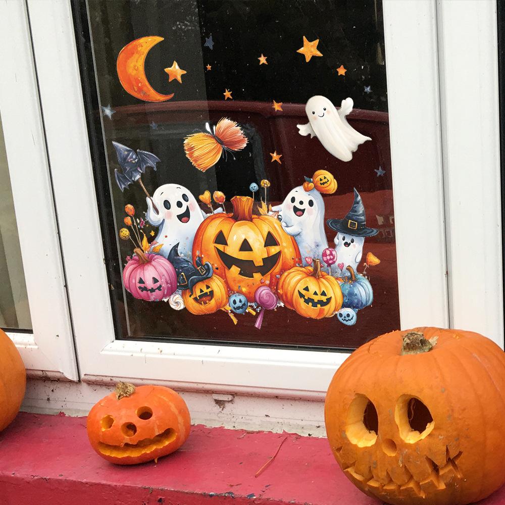 Halloween Cartoon Ghost Pumpkin Bat Balcony Glass Window Beautification Static Window Stickers
