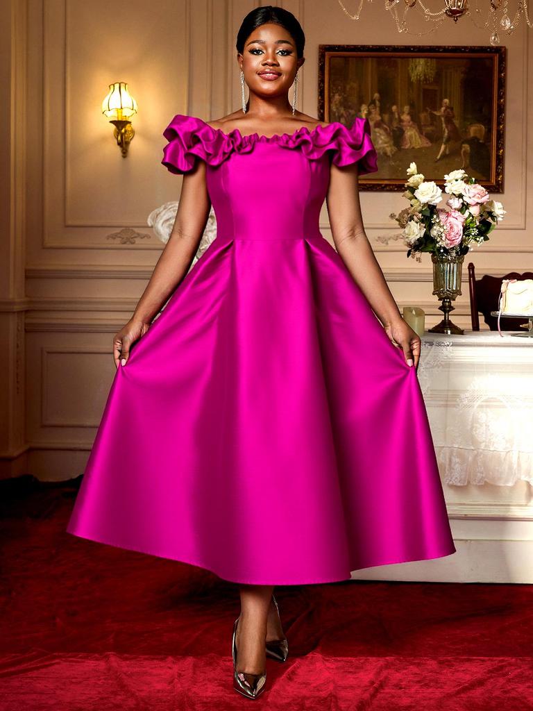 Robe Midi Rose Vif à Volants Décolleté Bardot pour Femme Grande Taille avec Taille Cintrée et Bas Évasé - Robe Élégante