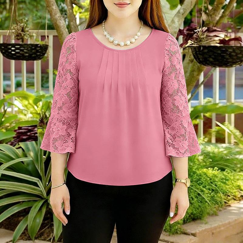 ZANZEA Women Casual Round Neck Loose Lace Splice 3/4 Sleeve Blouse