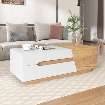 Çekmeceli, Kaydırma Mekanizmalı, Oturma Odası İçin Uzatılabilir Sehpa 120x50x37,5 cm, Beyaz+ Ahşap Rengi