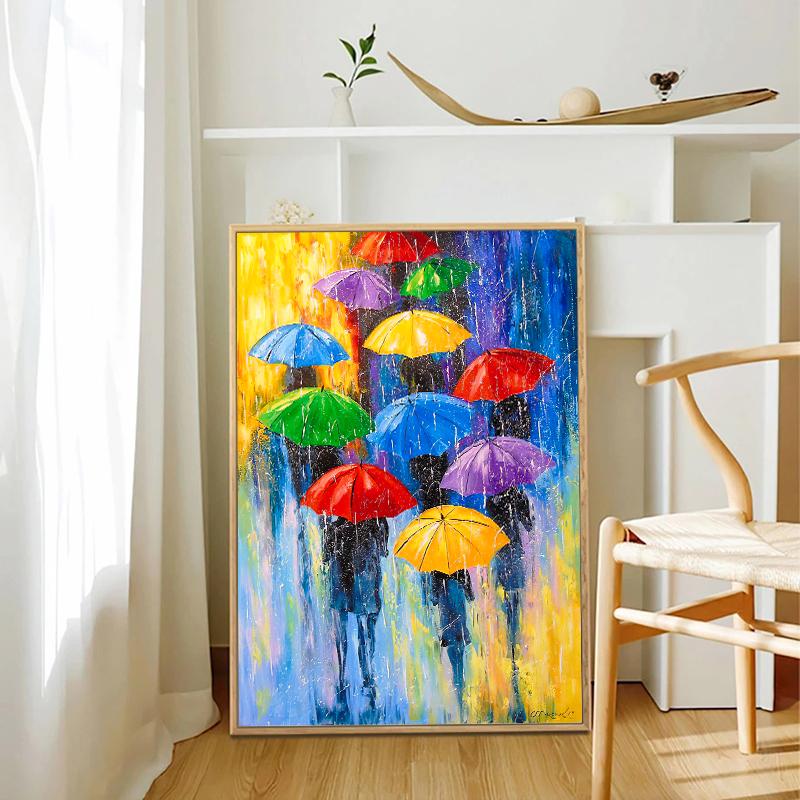 Abstract Colorful Umbrella Landscape In The Rain Poster Canvas Oil Painting Wall Art For Modern Living Room Home Decor Cuadros