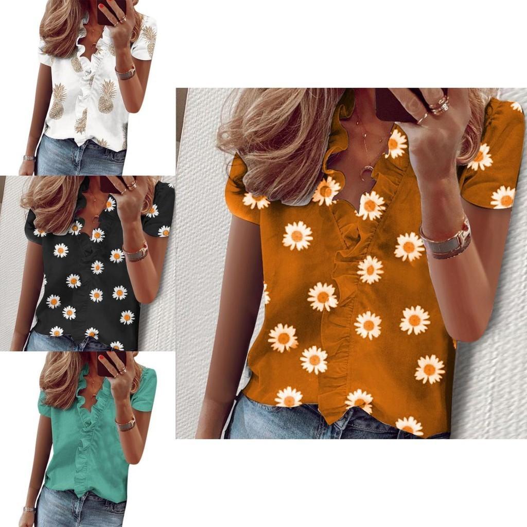Stylish Women's V Neck Ruffle Short Sleeve T Shirt With Fashionable Daisy Print
