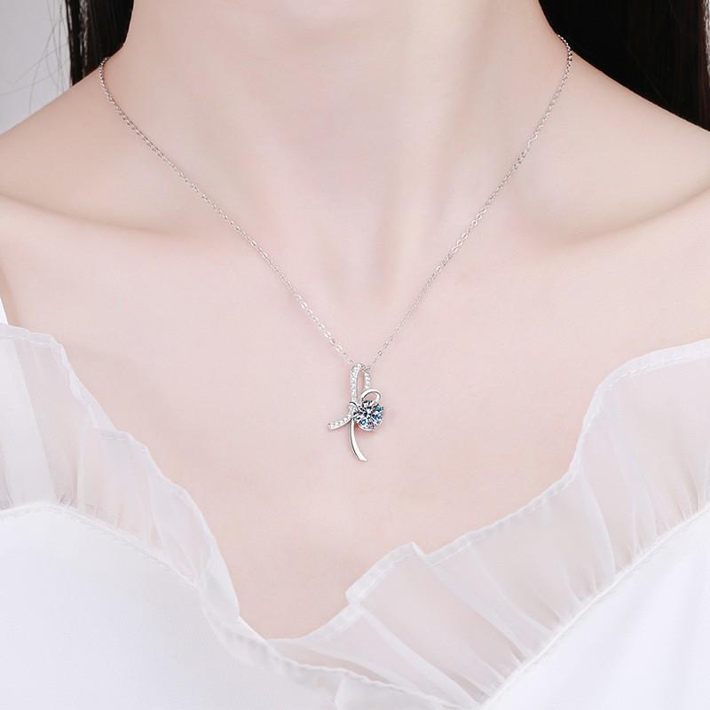 S925 Sterling Silver Bow Pendant with PT950 Plated 1 Carat D Color Moissanite Necklace for Women - Light Luxury.