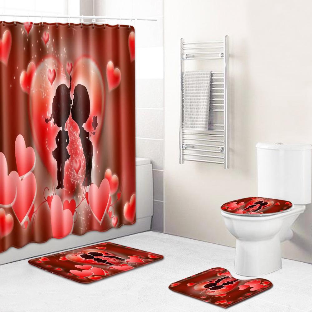 Valentine'S Day Toilet Shower Curtain Four-Piece Printed Floor Mat Set Bathroom Floor Mat Bedroom Absorbent Door Mat Carpet