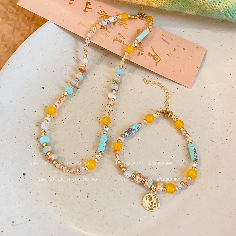 Meier Ethnic Style Colorful Glass Rice Beads Beaded Necklace for Women New Chinoiserieretroniche Style Clavicle Chain