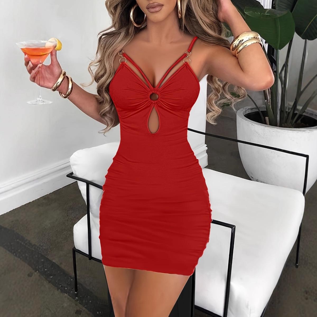 Women s Elegant Sexy Sleeveless V-Neck Cutout Bodycon Slim Fit Party Dress for European American S красный