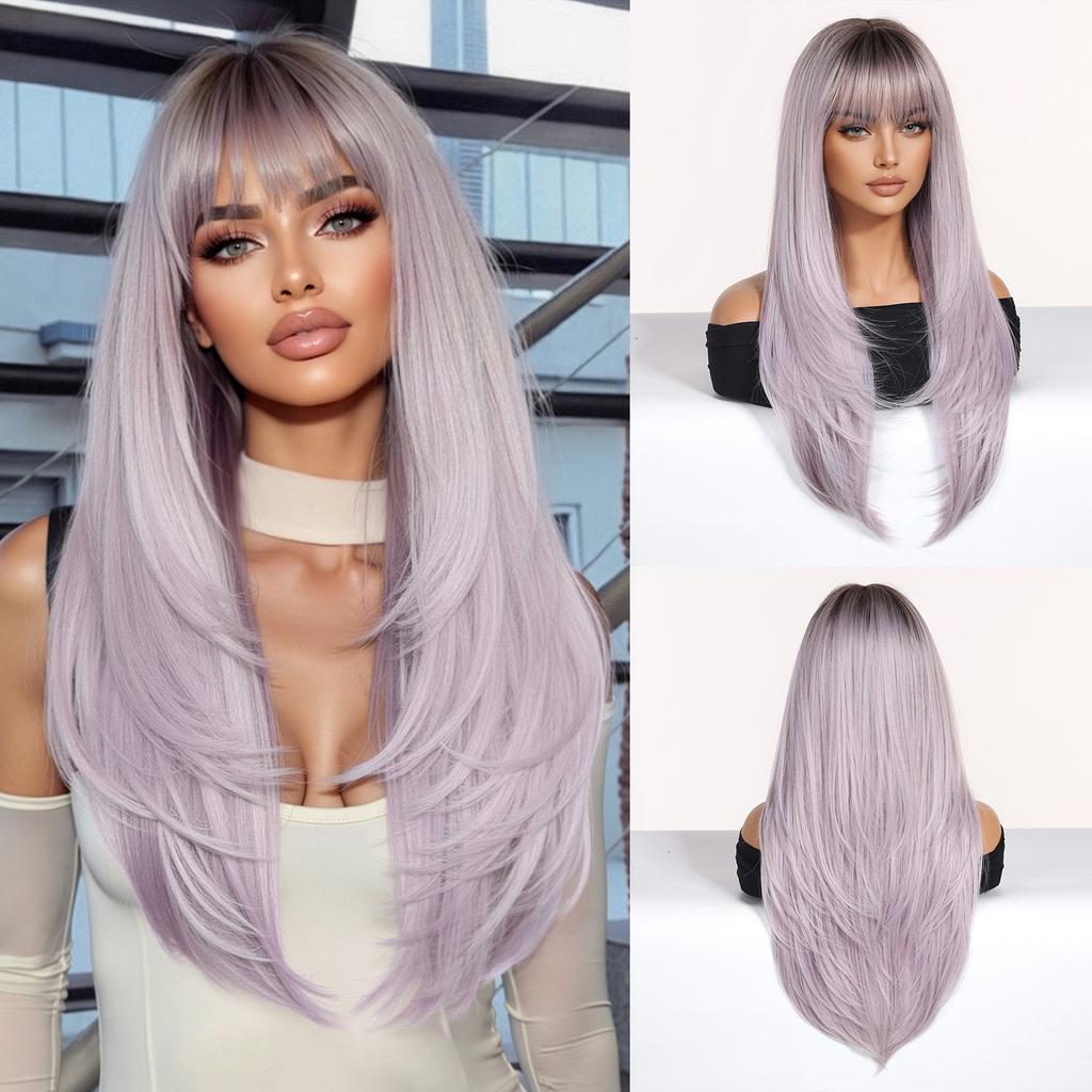Synthetic Layered Wig Long Rose Gold Straight Wigs with Bangs Blonde Cosplay Party Natural Hair Wigs for Women Heat Resistant