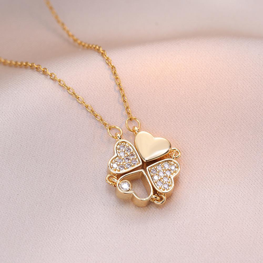 1pc Heart Shaped Four Leaf Clover Pendant Necklace Jewelry Zircon Women Love Clavicle Chain Gifts Openable ChokerJewelry
