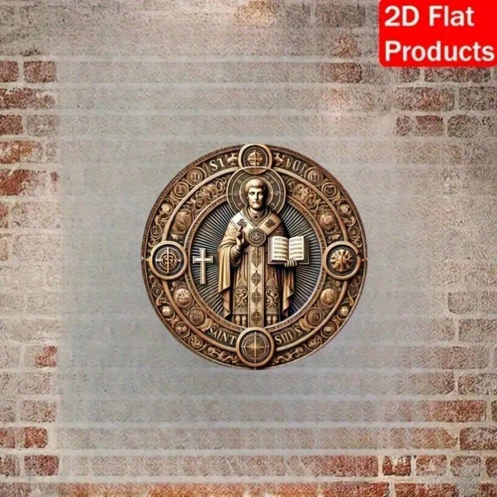 Vintage Saint Benedict Round Wooden Wall Art 8 Inch Religious Plaque with Gold Ornate Cross Floral Catholic Home Decor