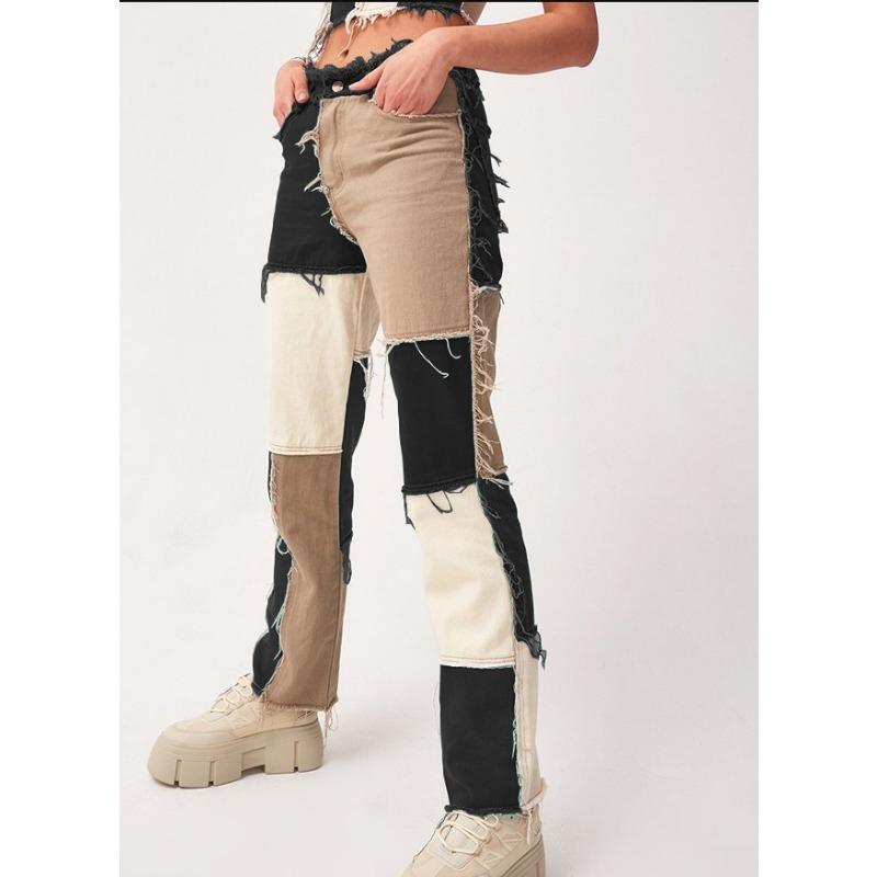 Women's Plus Size Mixed Colour Splicing High Waisted Tight Hip Women's Straight Jeans Trousers