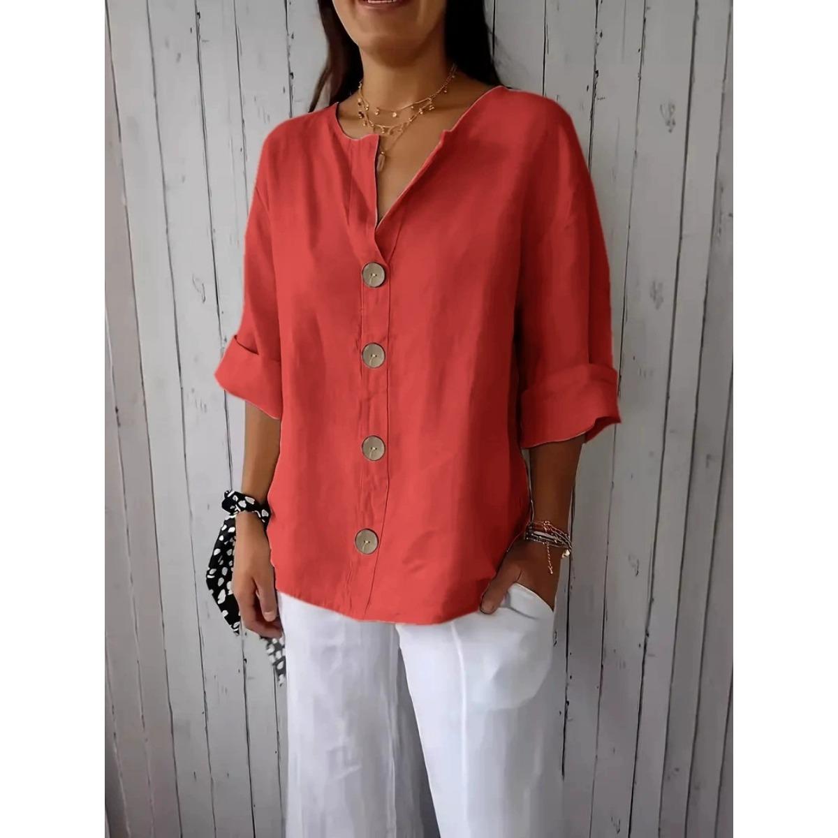 

Летняя новая свободная футболка женская с V-образным вырезом из хлопка и пеньки на пуговицах 5XL коричневый