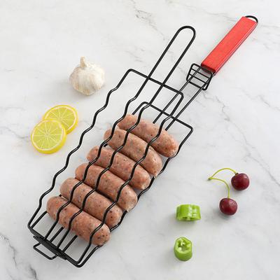 Gabbia per barbecue con manico in legno Design cavo riutilizzabile per campeggio all'aperto Salsiccia Carne Verdura Griglia per barbecue