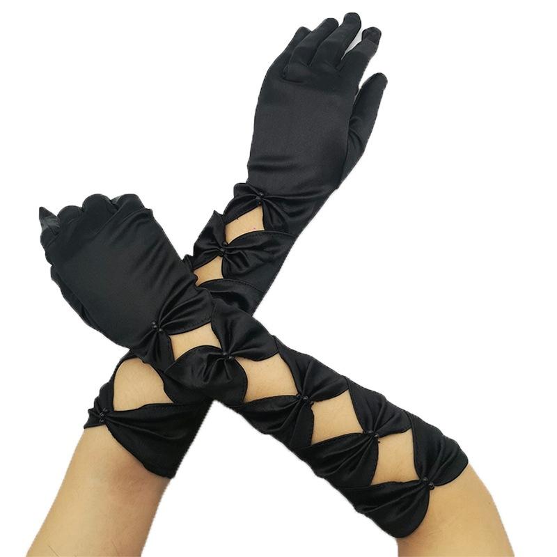 

Свадебные средние и длинные атласные ажурные перчатки для невесты, свадебные перчатки для сцены one size fits all чёрный