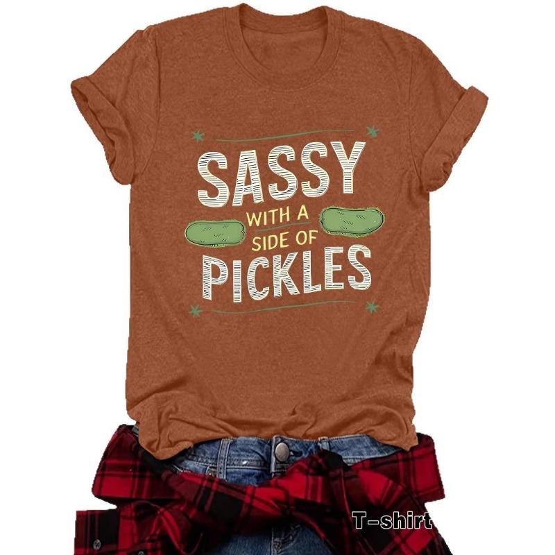 Women's Summer Round Neck Short Sleeve T-shirt Playful Cucumber Pattern Print Comfort T-shirt
