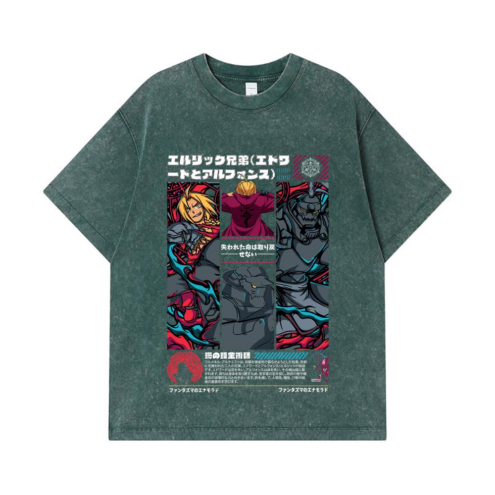 275 GSM Washed T-shirts 100% Cotton Fullmetal Alchemist V3 Print Unisex Heavy Cotton T Shirt