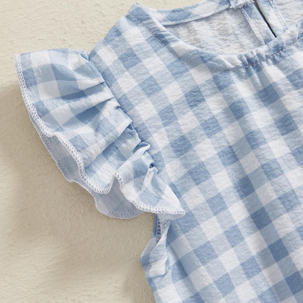 Baby Girls Rompers Plaid Frills Round Neck Fly Sleeve Infant Clothes Bodysuits Jumpsuits