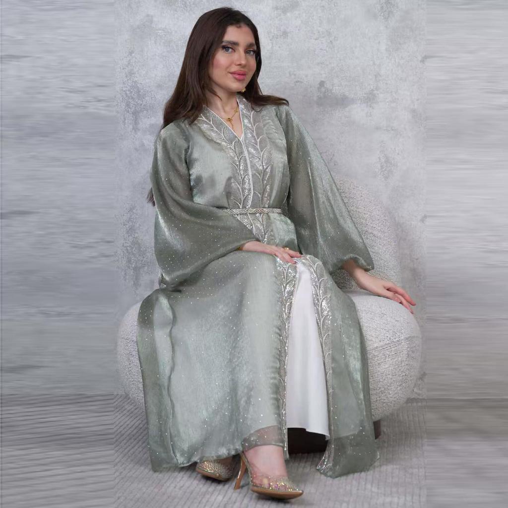 AB453 Puff Sleeve Cardigan: Elegant Long Dress & Robe Set with Hot Drill Accents