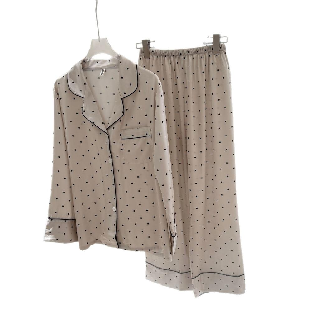 Internet Celebrity Polka Dot Korean Version of Ice Silk Pajamas Women's Spring and Autumn Simulation Silk Long-sleeved Trousers Loungewear Set Winter