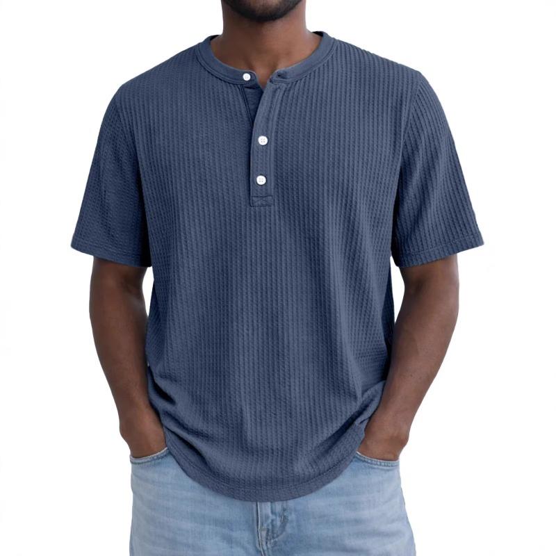 Mens Green Waffle Knit Henley Shirt Short Sleeve Crew Neck Casual Loose Fit Pullover