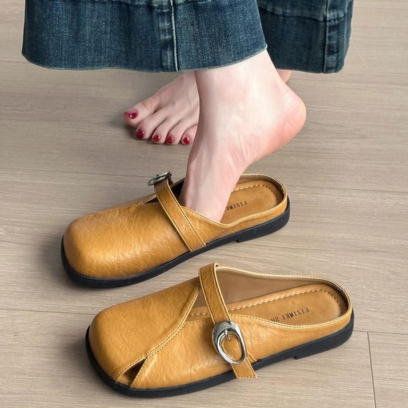 2025 New Style Soft Leather Buckle Strap Casual Shoes Fashion Flats Elegant Glitter Metallic Mules Shoes Cover Toe Women Slipper