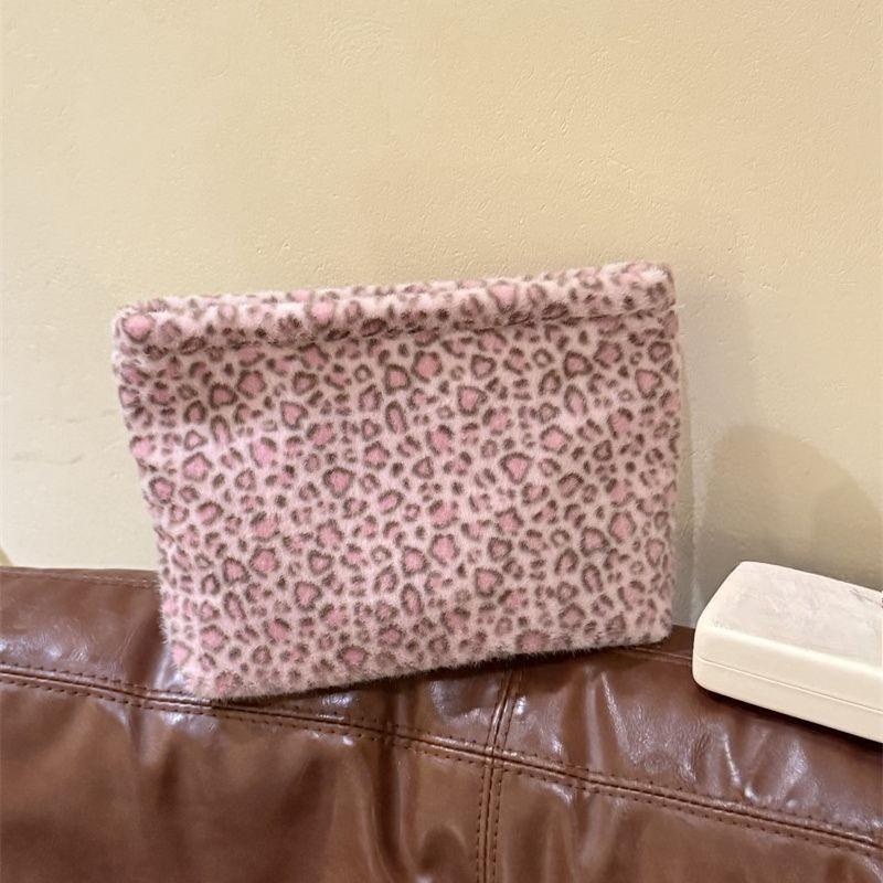 Herbst Winter Leopardenmuster Kosmetiktasche Rosa Plüsch Organizer Große Kapazität Kosmetik Toilettenartikel Tasche Handtasche Clutch für Damen