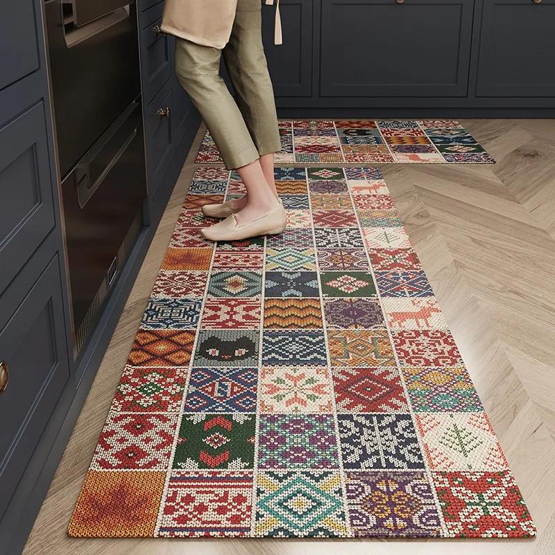 Kitchen Carpet Waterproof Non-slip Floor Mat Pvc Leather Oil-proof Foot Mats Long Rug American Retro Bohemian Style Carpets