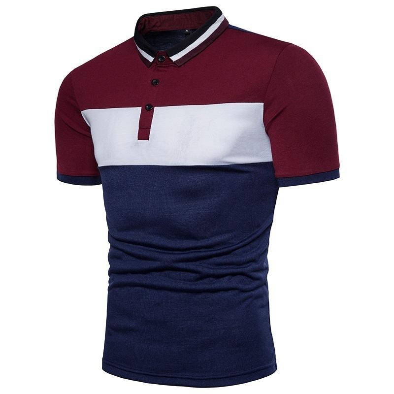 Men's Casual Patchwork Versatile Screw Neck Color Blocked Loose Short Sleeved Fashion Polo Shirt