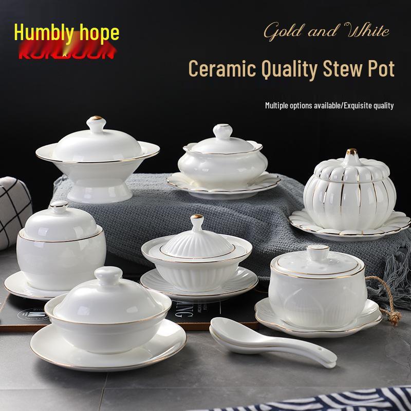 Qianxing Ceramic Bird's Nest Stew Bowl & Spoon Set