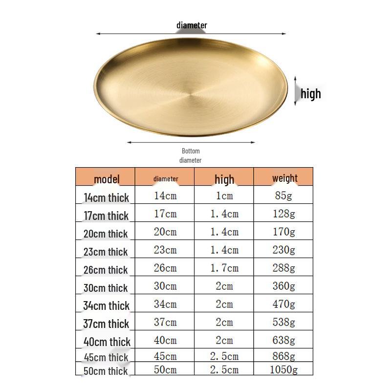 Gold Thickened 304 Stainless Steel Round Tray: Fruit, Cake, Bone Dish & Barbecue Plate – Korean Tableware.